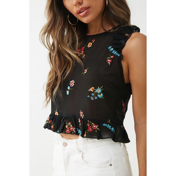 Forever 21 Sheer Embroidered Crop Top - Picture 1 of 12